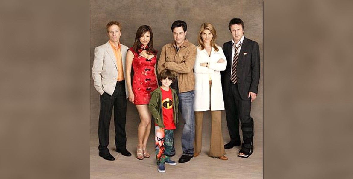group portrait of six-member cast of television show In Case of Emergency