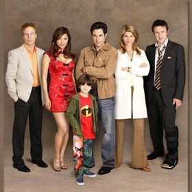 group portrait of six-member cast of television show In Case of Emergency