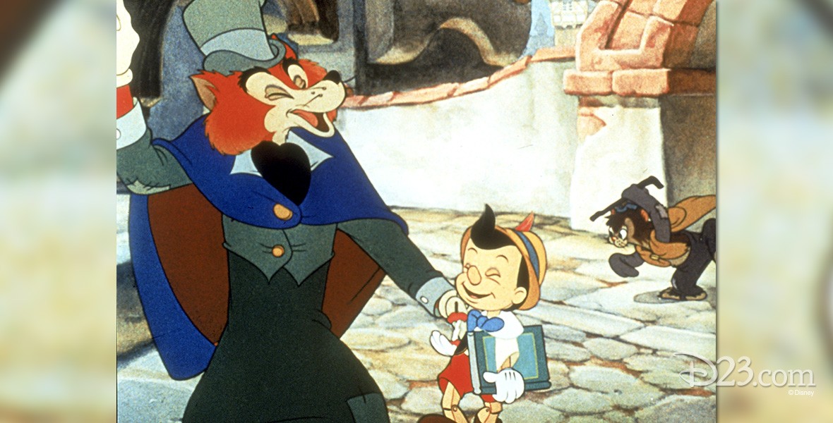 cel from Pinocchio showing fox J. Worthington Foulfellow escorting Pinocchio