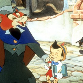 cel from Pinocchio showing fox J. Worthington Foulfellow escorting Pinocchio