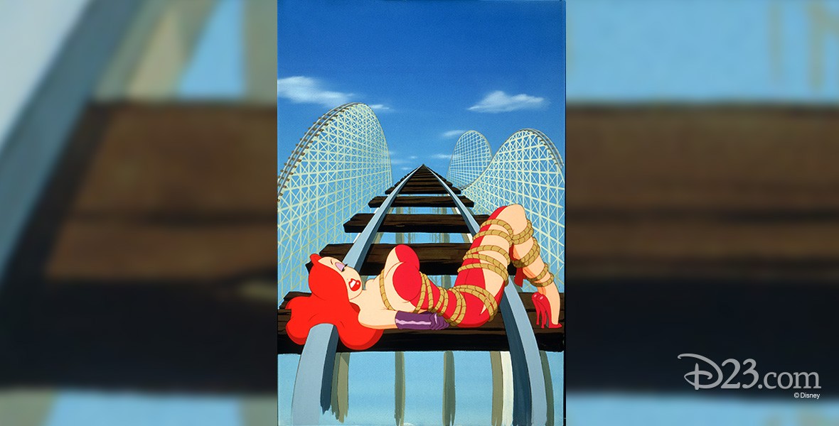 still from animated portion of Who Framed Roger Rabbit showing Jessica Rabbit tied to the tracks of a roller coaster