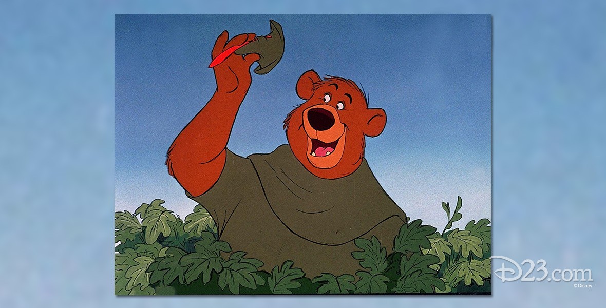 cel from animated Robin Hood showing Little John the bear tipping his hat