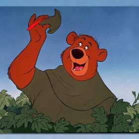 cel from animated Robin Hood showing Little John the bear tipping his hat