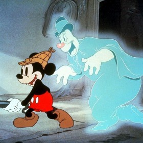 cel from cartoon Lonesome Ghosts featuring Mickey Mouse traipsing through a dark house with a shotgun shadowed by a large blue smiling ghost