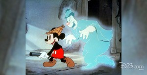 cel from cartoon Lonesome Ghosts featuring Mickey Mouse traipsing through a dark house with a shotgun shadowed by a large blue smiling ghost