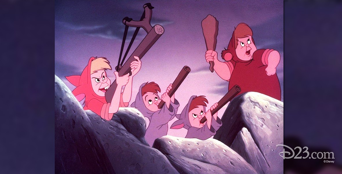 cel from animated Peter Pan showing four boys in battle mode with slingshots, pea shooters, and club