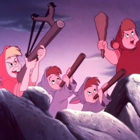 cel from animated Peter Pan showing four boys in battle mode with slingshots, pea shooters, and club