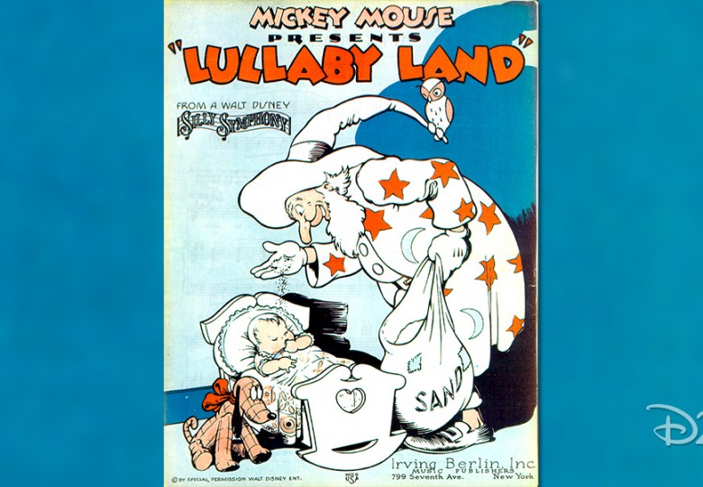 poster for Lullaby Land (film) showing long-nosed sand man sprinkling sand from his bag onto a resting baby