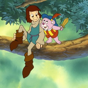 still from animated TV show Gummi Bears showing characters talking while sitting on a tree limb