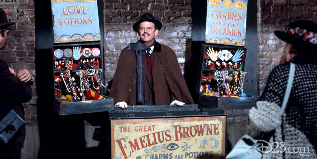 movie still of Davd Tomlinson hawking potions and charms in Bedknobs and Broomsticks