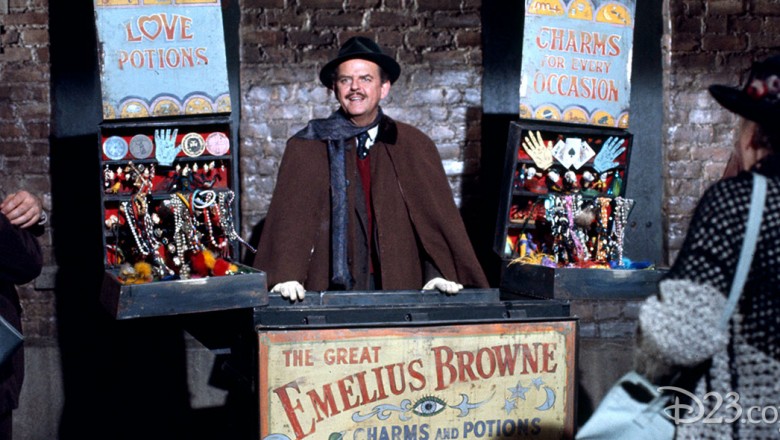 movie still of Davd Tomlinson hawking potions and charms in Bedknobs and Broomsticks