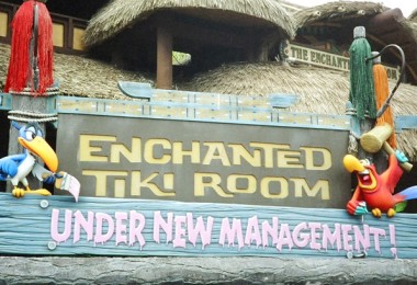 photo of sign outside the enchanted tiki room stating under new management