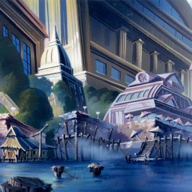 illustrated background art of fictional port city of Cape Suzette from Disney Afternoon TaleSpin