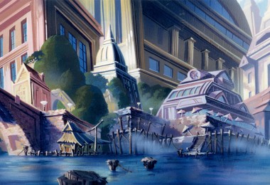 illustrated background art of fictional port city of Cape Suzette from Disney Afternoon TaleSpin