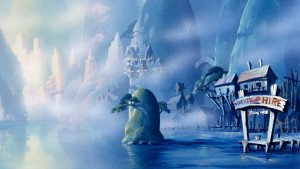 illustrated background art of fictional port city of Cape Suzette from Disney Afternoon TaleSpin