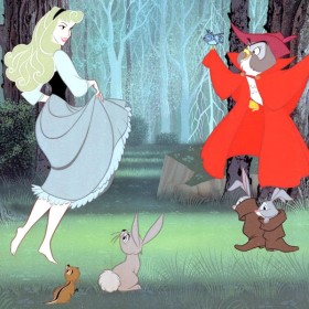 cel from animated feature Sleeping Beauty featuring Princess Aurora in the forest speaking with several animal friends
