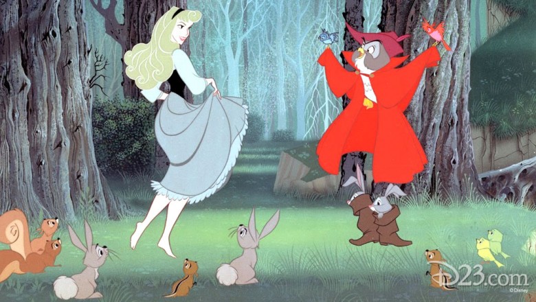 cel from animated feature Sleeping Beauty featuring Princess Aurora in the forest speaking with several animal friends