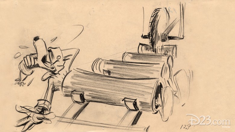 artist's sketch of Goofy stuck in a hollow log being loaded onto a sawmill track with other logs moving towards a giant circular saw blade
