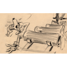 artist's sketch of Goofy stuck in a hollow log being loaded onto a sawmill track with other logs moving towards a giant circular saw blade