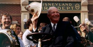 photo of President Eisenhower at wheel of fire engine at Disneyland