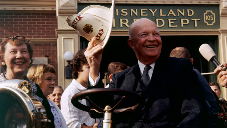 photo of President Eisenhower at wheel of fire engine at Disneyland