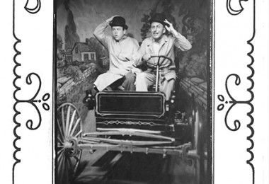staged portrait of Walt Disney and Ward Kimball posing in a mocked-up old time jalopy during their visit to the1948 Chicago's Museum of Science and Industry