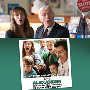 still frame from movie Alexanders and the Terrible Horrible No Good Very Bad Day featuring Jennifer Garner and Dick Van Dyke and cover art for CD soundtrack showing the full cast looking very apprehensive