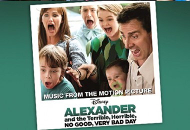 still frame from movie Alexanders and the Terrible Horrible No Good Very Bad Day featuring Jennifer Garner and Dick Van Dyke and cover art for CD soundtrack showing the full cast looking very apprehensive