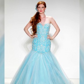 photo of model weading Alfred Angelo wedding dress in Frozen ice light blue strapless