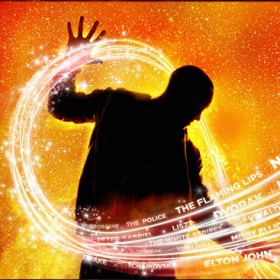 poster for Fantasia Music Evolved showing figure gesturing broadly making swirls of well-known classic and popular musicians and names of songs and musical compositions fly into space