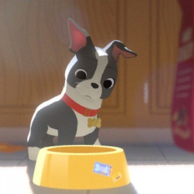 still from animated short film Feast featuring small dog looking at its empty dog bowl