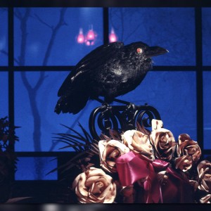 photo of scary black bird perched on a bouquet of dead roses from the Haunted Mansion attraction in Disneyland