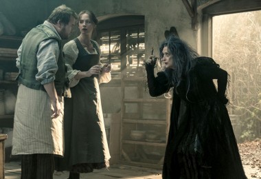 scene from feature Into the Woods with Meryl Streep as the witch, Emily Blunt as the Baker's Wife, and James Corden as the Baker