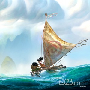 artist's concept illustration of a scene from animated feature Moana showing family sailing stormy ocean water heading for looming mountain island