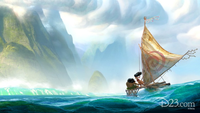 artist's concept illustration of a scene from animated feature Moana showing family sailing stormy ocean water heading for looming mountain island