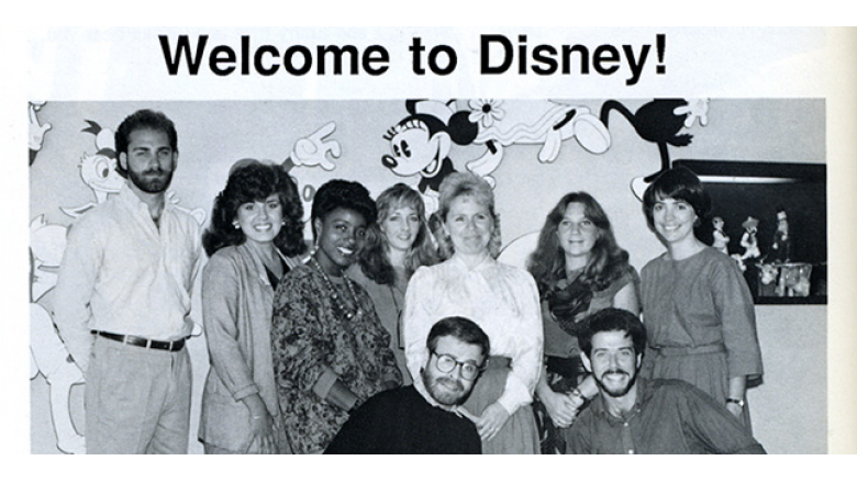internal Disney news publication clipping with title Welcome to Disney! and photo of nine new hires to various Disney Television Animation-related departments