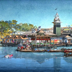 artist's rendering in ink and watercolor of The Boathouse Waterfront View