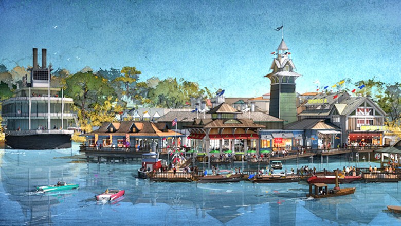 artist's rendering in ink and watercolor of The Boathouse Waterfront View