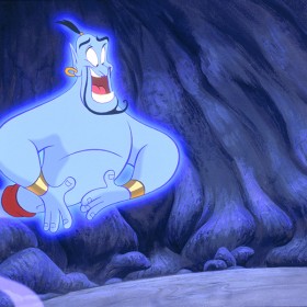 Still of giant blue genie appearing to Aladdin in a cave in scene from animated feature, Aladdin