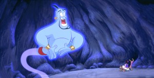 Still of giant blue genie appearing to Aladdin in a cave in scene from animated feature, Aladdin