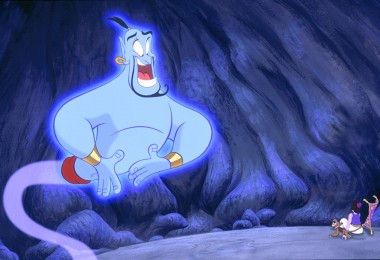 Still of giant blue genie appearing to Aladdin in a cave in scene from animated feature, Aladdin