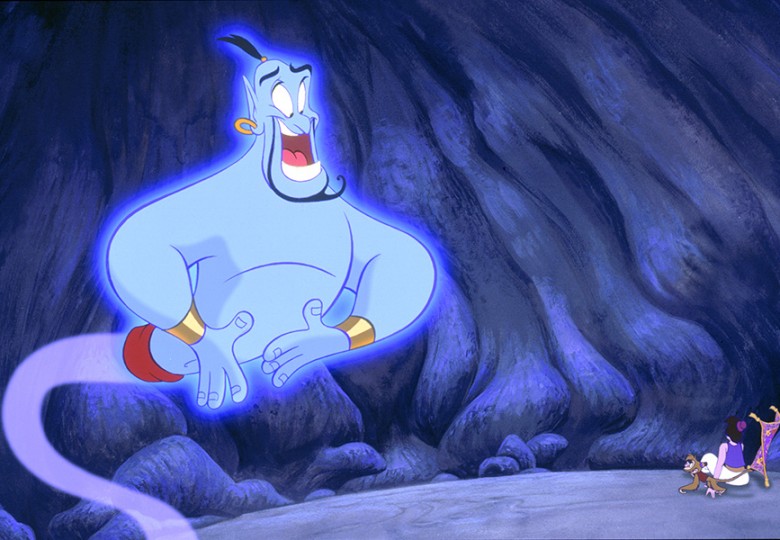 Still of giant blue genie appearing to Aladdin in a cave in scene from animated feature, Aladdin