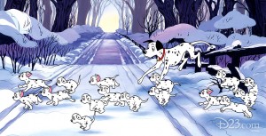illustration of Dalmatian family hastily crossing snowbound road from 101 Damatians Diamond Edition