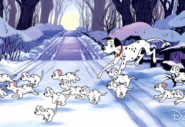 illustration of Dalmatian family hastily crossing snowbound road from 101 Damatians Diamond Edition