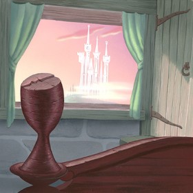 background painting of a bedroom chamber with wooden headboard and open window in gouache by a Disney Studio Artist for animated feature Cinderella