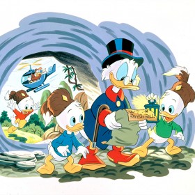 still from DuckTales cartoon episode featuring Scrooge McDuck with Huey Louie Dewey reading a treasure map as they charge into a cave together while a helicopter swoops past outside