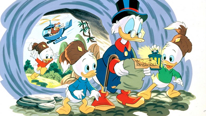 still from DuckTales cartoon episode featuring Scrooge McDuck with Huey Louie Dewey reading a treasure map as they charge into a cave together while a helicopter swoops past outside
