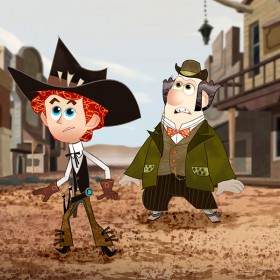 illustration of cartoon character Penn Zero on a dirt street of a small western town with two friends