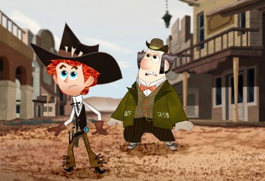 illustration of cartoon character Penn Zero on a dirt street of a small western town with two friends