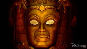 photo of giant bronze mask with ghostly lit empty eyes from Disneyland Indiana Jones ride